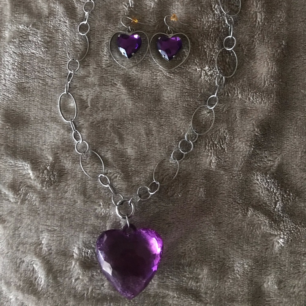Purple and Silver Heart Necklace and Earrings